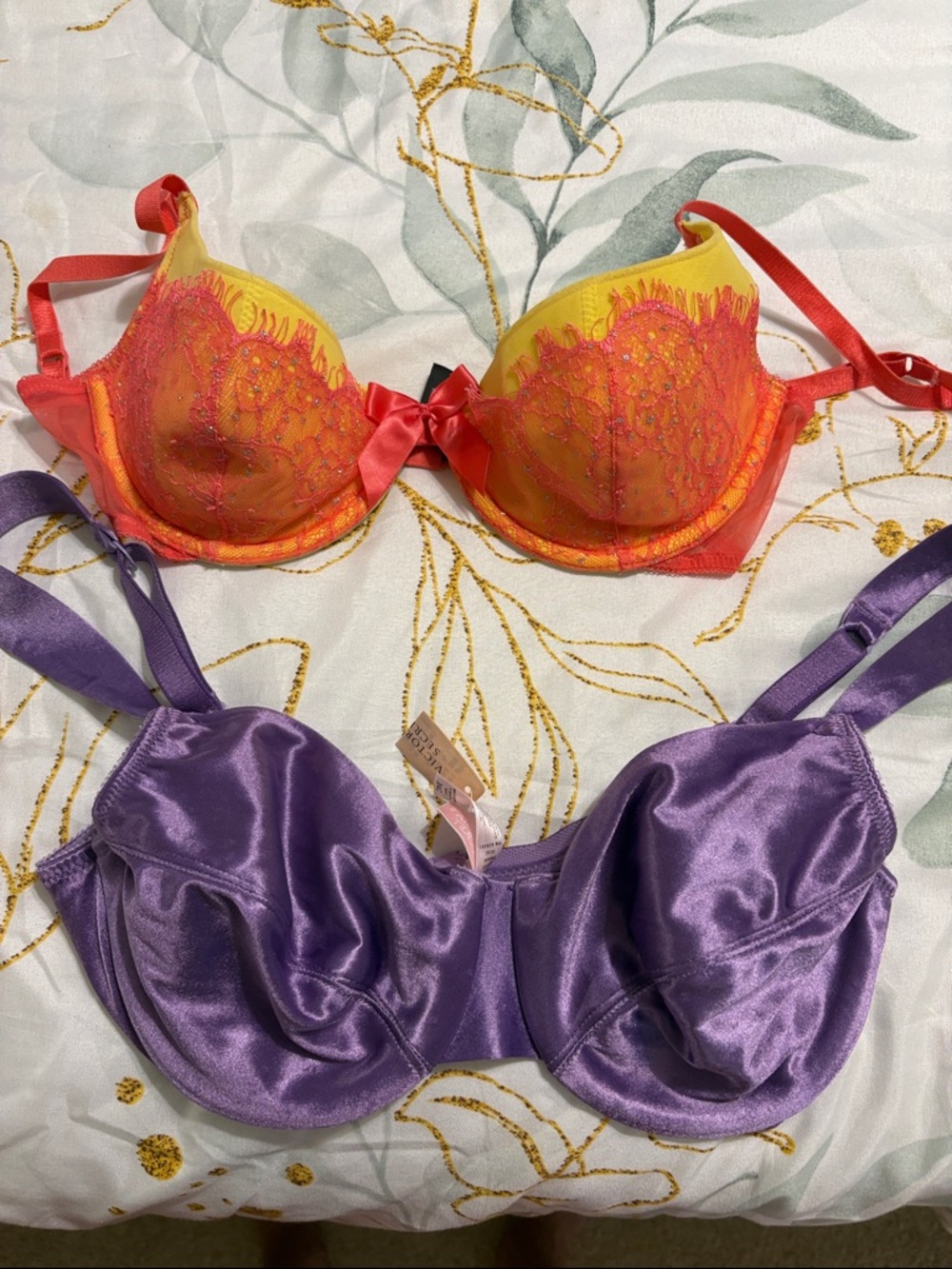 Bundle, Victoria secret Yellow & Coral Lace Bra and Purple Satin Underwire Bra